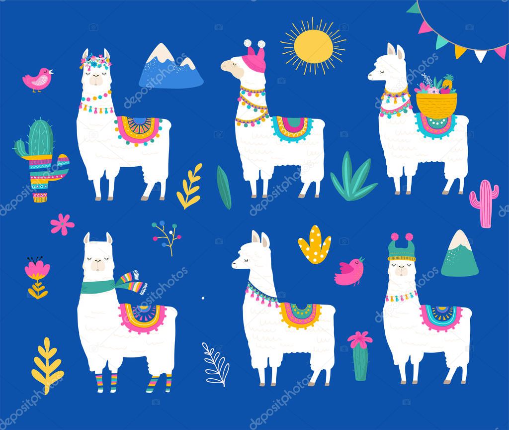 Llama collection, cute hand drawn illustration and design for nursery design, poster, greeting cards