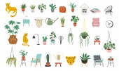 Urban jungle, trendy home decor elements with plants, planters, cacti, tropical leaves