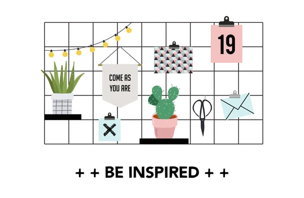 Inspiration mood board, trendige Wohnkultur mit Pflanzen, Karten, Sukkulenten — Stockvektor