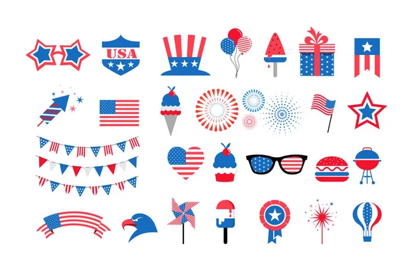 Mutlu ABD Bağımsızlık günü 4 th Temmuz. Amerikan tatil kutlaması. Koleksiyon öğeleri ve simgeler — Stok Vektör