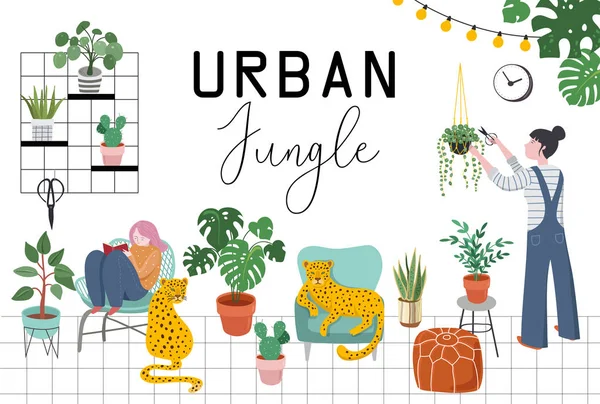 V městské džungli, módní domova s rostlinami, Leopardi, kaktusy, tropické listy — Stockový vektor