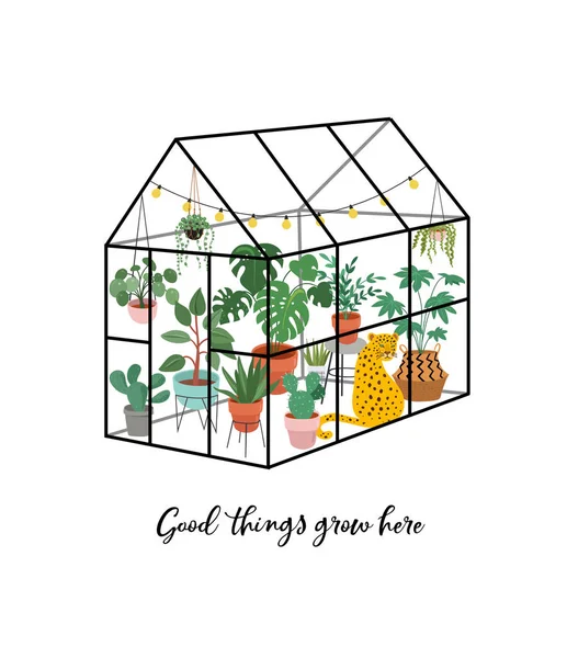 Trendiger Print mit grünem Wohndekor mit Pflanzen, Pflanzgefäßen, Kakteen und inspirierendem Zitat. Gartenkonzeption — Stockvektor
