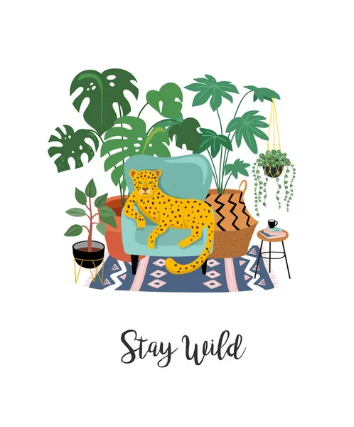 Trendy print met home decor met planten, plantenbakken, cactussen en inspirerende citaat. Tuinieren concept — Stockvector