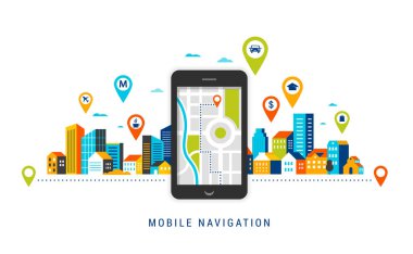 Mobil navigasyon app kavramı. Arka plan üzerinde bir kent, Belediye, şehir landsape ile rota dijital harita