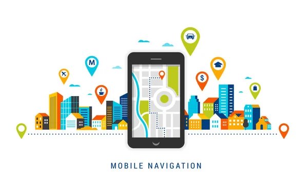Conceito de aplicativo de navegação móvel. Roteiro mapa digital, com um urbano, cidade landsape em segundo plano — Vetor de Stock
