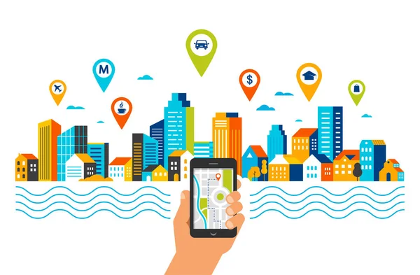 Concepto de aplicación de navegación móvil. Mapa digital de la ruta, con un paisaje urbano, urbano sobre fondo — Vector de stock