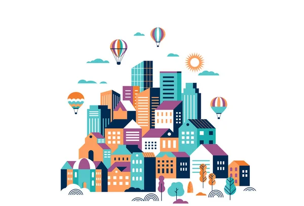 Paisaje de la ciudad, escena urbana geométrica, ilustración de concepto de ciudad inteligente y bandera — Vector de stock