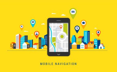 Mobil navigasyon app kavramı. Arka plan üzerinde bir kent, Belediye, şehir landsape ile rota dijital harita
