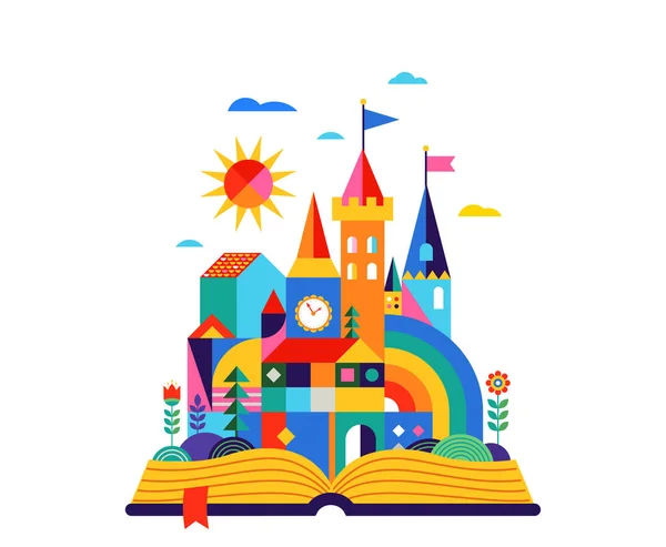 Open book with geometric fairy tale kingdom, knight castle, children room, class wall decoration — Stock Vector