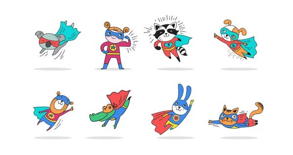 Superhero cute hand drawn animals, vector characters — Stock Vector