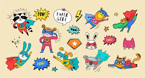 Superhero cute hand drawn animals, vector characters — Stock Vector