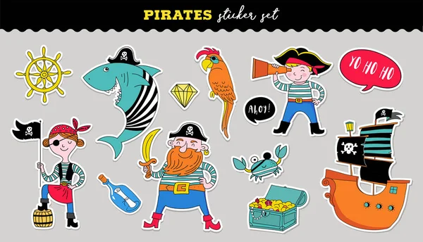 Colección pirata de pegatinas vectoriales dibujadas a mano, concepto de cumpleaños — Vector de stock