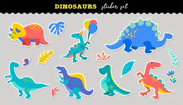 Colección de pegatinas de dinosaurios lindos, diferentes tipos de animales prehistóricos — Archivo Imágenes Vectoriales