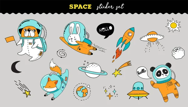 Outer Space sticker collection. Cute animals illustrations — Stock Illustration Outer Space sticker collection. Cute animals illustrations Stock Illustration