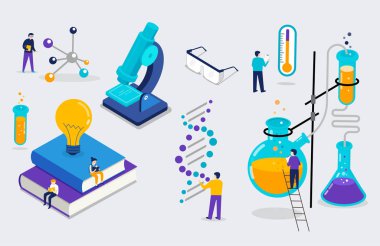 Kimya Laboratuvarı ve okul sınıf, bilim, eğitim sahne minyatür insanlar, öğrenciler ile. İzometrik konsept tasarımı