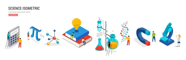 Наукова лабораторія та шкільний клас. Освіта, математика, хімічна сцена з мініатюрними людьми, студентами. Ізометрична концепція — стоковий вектор