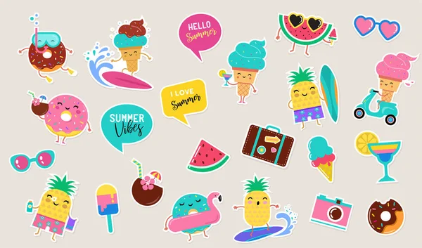甜美夏日-可爱的冰淇淋, 西瓜和甜甜圈标签插图, 矢量设计 — 图库矢量图片