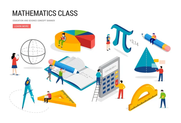 Klasse Math lab en school. Wetenschap, onderwijs, wiskunde scène met miniatuur mensen, studenten. Isometrische conceptontwerp — Stockvector