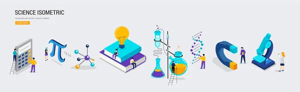 Laboratorio de ciencias y clase escolar. Educación, matemáticas, química escena con personas en miniatura, estudiantes. Concepto isométrico — Vector de stock