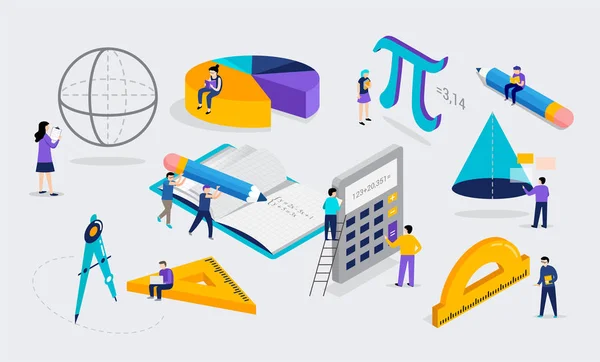 Klasse Math lab en school. Wetenschap, onderwijs, wiskunde scène met miniatuur mensen, studenten. Isometrische conceptontwerp — Stockvector