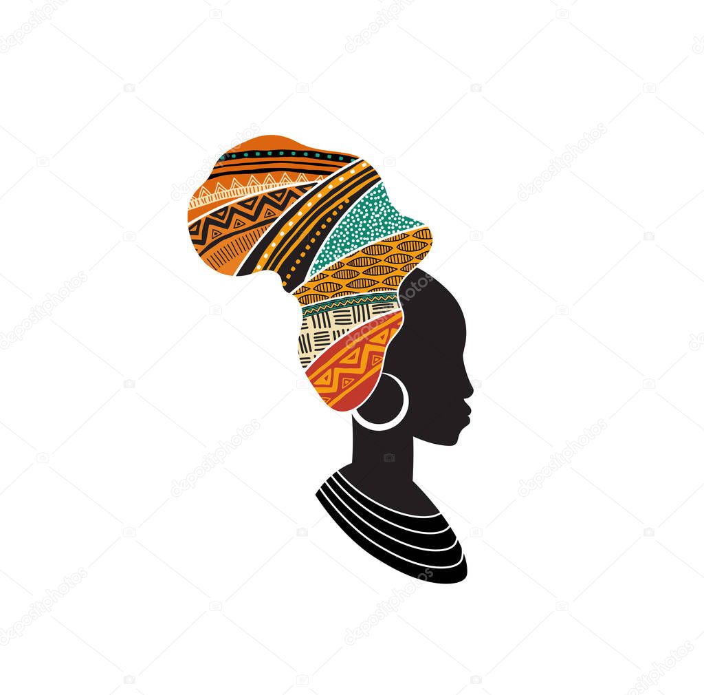 African woman silhouette with an African map as a head wrap. Concept design and illustration