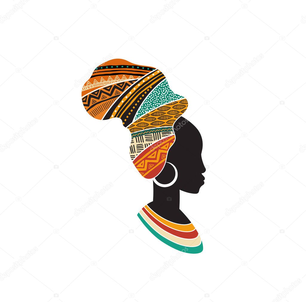 African woman silhouette with an African map as a head wrap. Concept design and illustration