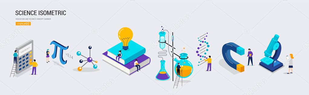 Science lab and school class. Education, mathematics, chemistry scene with miniature people, students. Isometric concept