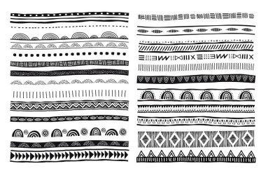 Afrika, aşiret, etnik vektör desen fırçaları. Vektör tasarım öğeleri, aşiret geometrik süsleme, çerçeveler, sınırları
