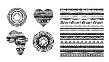 Afrika, aşiret, etnik vektör desen fırçaları. Vektör tasarım öğeleri, aşiret geometrik süsleme, çerçeveler, sınırları