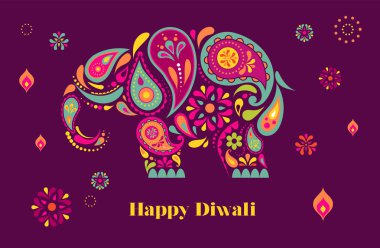 Mutlu Diwali Hindu Festivali Afiş. Yanan diya illüstrasyon, Hindistan'ın ışık Festivali için arka plan