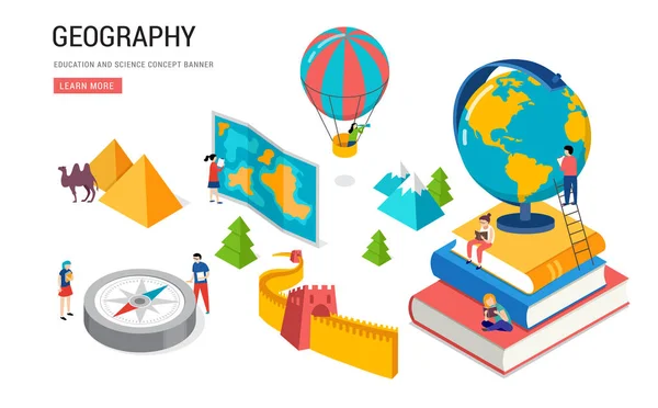 Lezione di geografia, scuola, lezione di college. Design isometrico — Vettoriale Stock