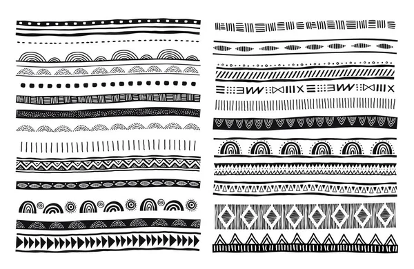African, tribal, ethnic vector pattern brushes. Vector design elements, tribal geometric ornament, frames, borders — Stock Vector