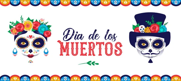 Dia de los muertos, Jour des morts, fête mexicaine, festival. Affiche, bannière et carte avec maquillage de crâne de sucre, femme et homme — Image vectorielle