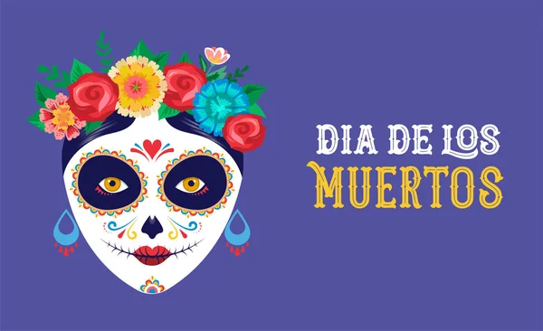 Dia de los muertos, de dag van de vakantie van de dood, Mexicaanse, festival. Poster, banner en kaart met make-up van suiker schedel, vrouw en man — Stockvector