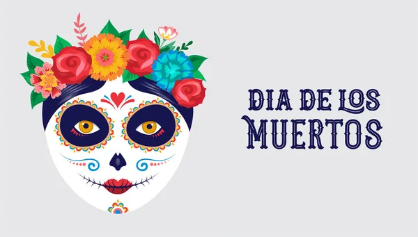 Dia de los muertos, dag av döda, mexikanska semestern, festival. Affisch, banner och kort med göra av socker skalle, kvinna och man — Stock vektor