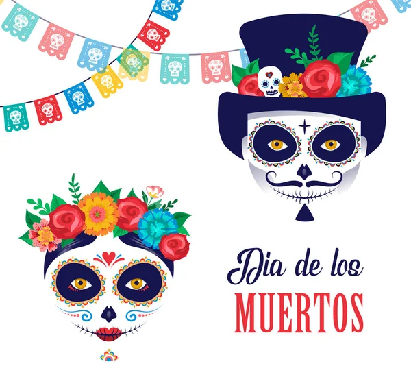 Día de los muertos, Día de los muertos, fiesta mexicana, festival. Póster, pancarta y tarjeta con el maquillaje de cráneo de azúcar, mujer y hombre — Archivo Imágenes Vectoriales