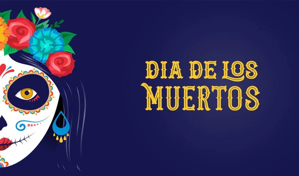 Dia de los muertos, de dag van de vakantie van de dood, Mexicaanse, festival. Poster, banner en kaart met make-up van suiker schedel, vrouw en man — Stockvector