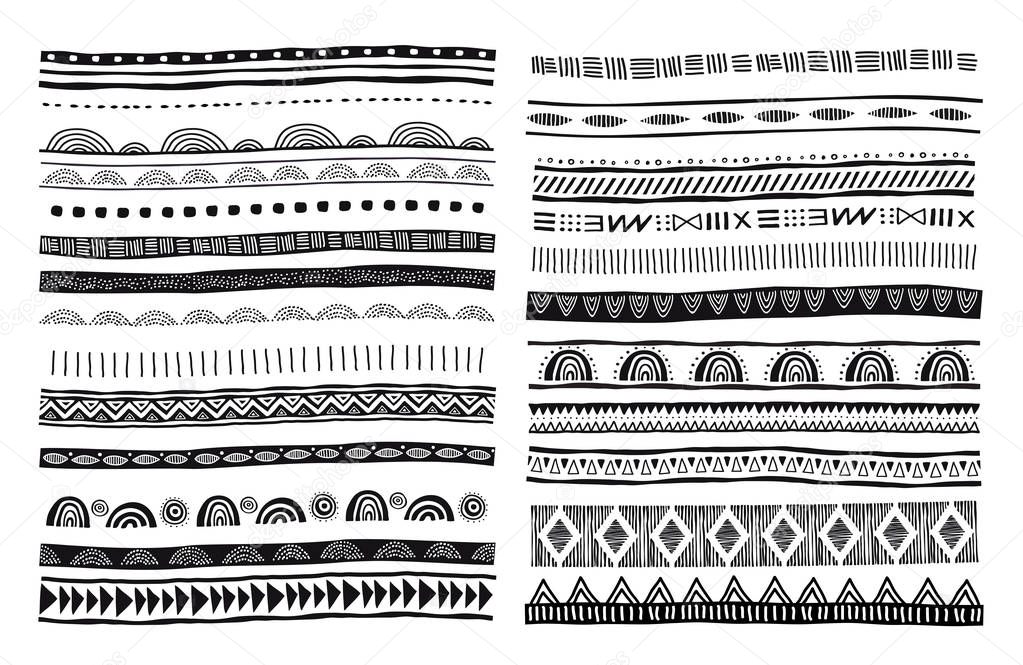 African, tribal, ethnic vector pattern brushes. Vector design elements, tribal geometric ornament, frames, borders. All used brushes included in brushes window
