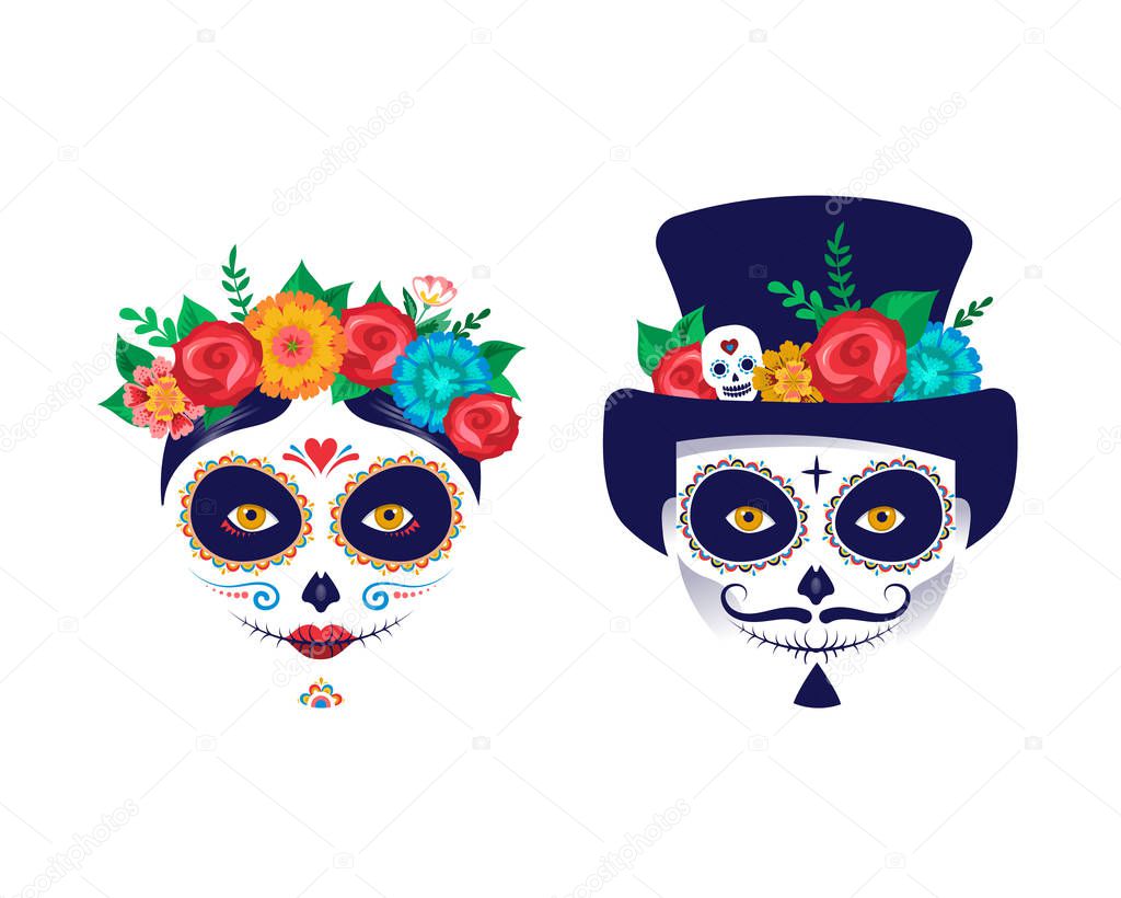 Dia de los muertos, Day of the dead, Mexican holiday, festival. Vector poster, banner and card with make up of sugar skull, woman and man