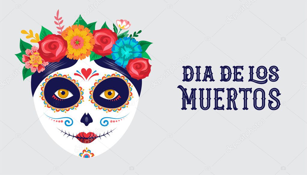 Dia de los muertos, Day of the dead, Mexican holiday, festival. Poster, banner and card with make up of sugar skull, woman and man
