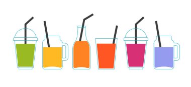 Farklı renkli smoothies topluluğu, meyve shakes şişeler, cam-mason kavanoz