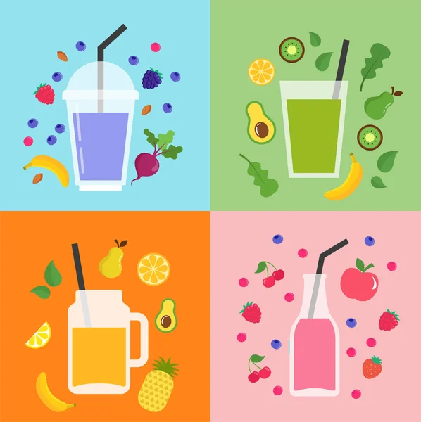 Kolekce různých barevné koktejly, ovocné koktejly v lahve, skleněné, zedník sklenice — Stockový vektor