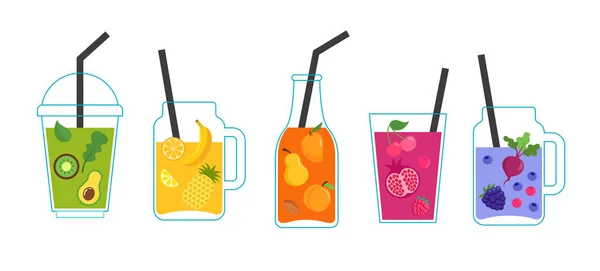 Collection Différents Smoothies Colorés Shakes Fruits Dans Des Bouteilles Verre — Image vectorielle
