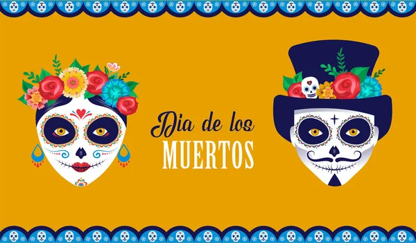 DIA de los muertos день мертвих, мексиканський свята, фестивалі. Плакат, прапора і картку з складають цукрові черепа, жінка і чоловік — стоковий вектор