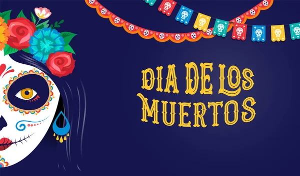 Dia de los muertos, Day of the dead, Mexican holiday, festival. Poster, banner and card with make up of sugar skull, woman and man — Stock Illustration Dia de los muertos, Day of the dead, Mexican holiday, festival. Poster, banner and card with make up of sugar skull, woman and man Royalty Free Stock Illustrations