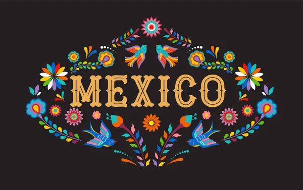 Fondo de México, pancarta con coloridas flores, pájaros y elementos mexicanos — Vector de stock