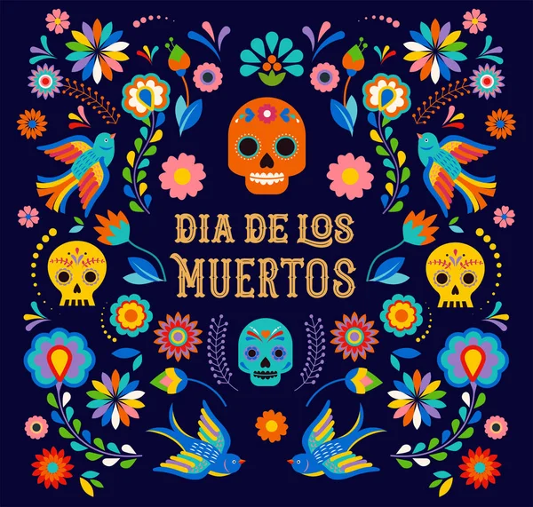Day of the dead, Dia de los moertos, banner with colorful Mexican flowers. Fiesta, holiday poster, party flyer, greeting card — Stock Vector