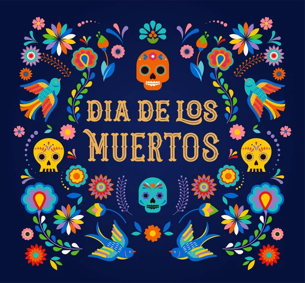 Dag van de dood, Dia de los moertos, banner met kleurrijke Mexicaanse bloemen. Fiesta, vakantie poster, flyer van de partij, wenskaart — Stockvector