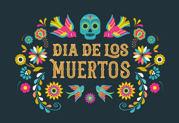 Ölü, Dia de los moertos, renkli Meksika çiçekler ile banner günü. Fiesta, tatil poster, parti el ilanı, tebrik kartı — Stok Vektör