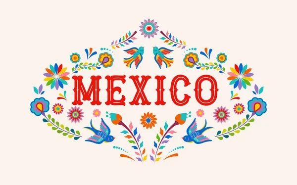 Fondo de México, pancarta con coloridas flores, pájaros y elementos mexicanos — Vector de stock